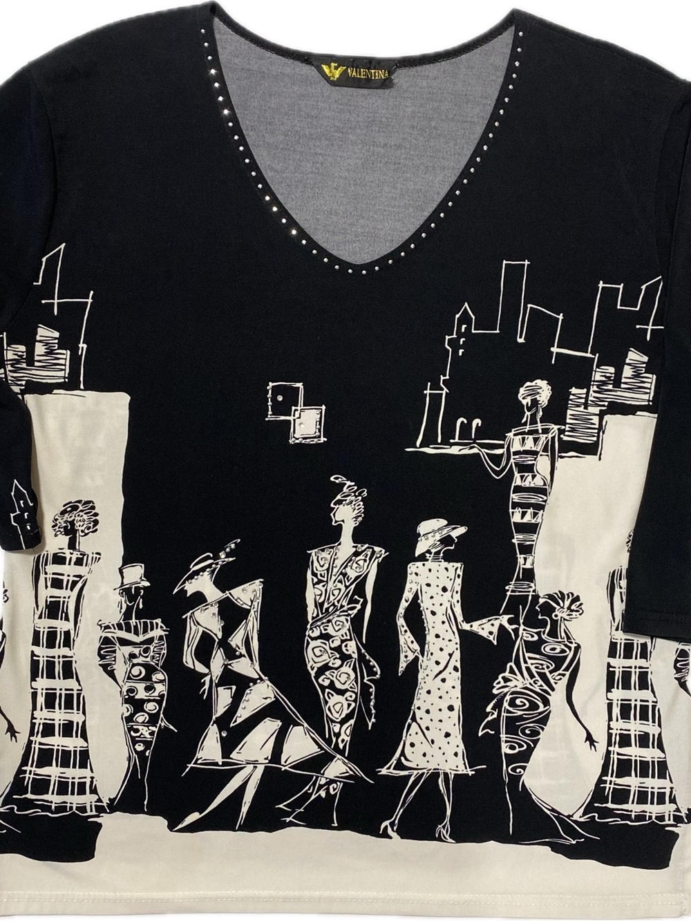 Valentina Black & Cream Fashion Illustration V-Neck Top